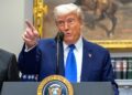 President Donald Trump gestures while answering a reporter's question during an event in the Roosevelt Room at the White House, Monday, May 12, 2025, in Washington. (AP Photo/Mark Schiefelbein)