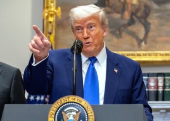 President Donald Trump gestures while answering a reporter's question during an event in the Roosevelt Room at the White House, Monday, May 12, 2025, in Washington. (AP Photo/Mark Schiefelbein)